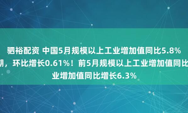 驷裕配资 中国5月规模以上工业增加值同比5.8%，低于预期，环比增长0.61%！前5月规模以上工业增加值同比增长6.3%